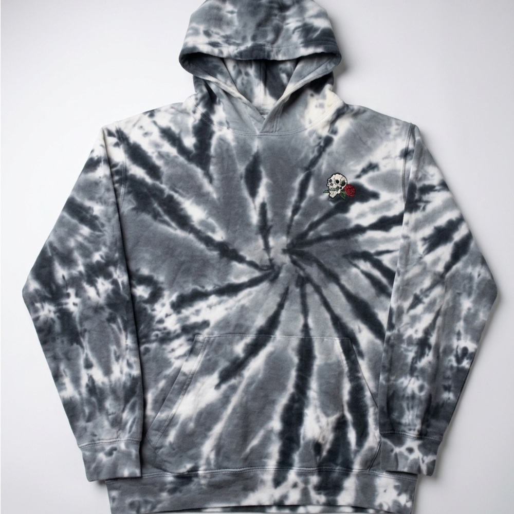 Eighty Eight Black & White Tie-Dye Hoodie with Skull & Red Rose Patch